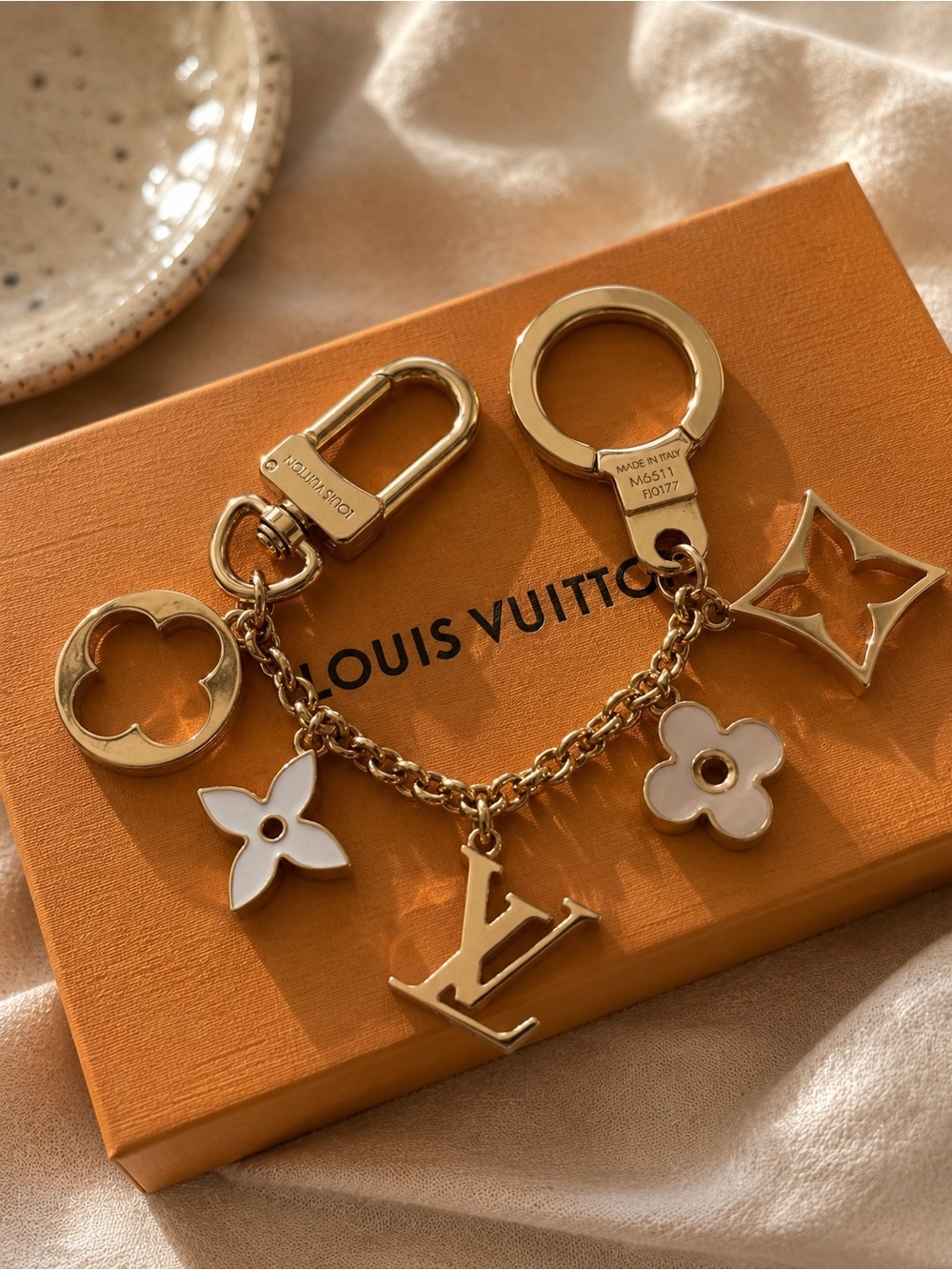 Louis Vuitton Fleur de Monogram Bag Charm Key Chain M65111 Gold w/ Box Auth